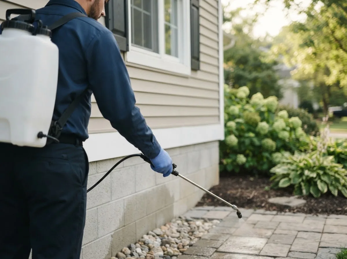 Pest control technician inspecting a home in Gould City, MI
